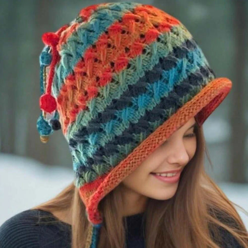 Crochet Beanie Womens Colorful Handmade Tassel Ear Flap Knit Hat with Boho Style