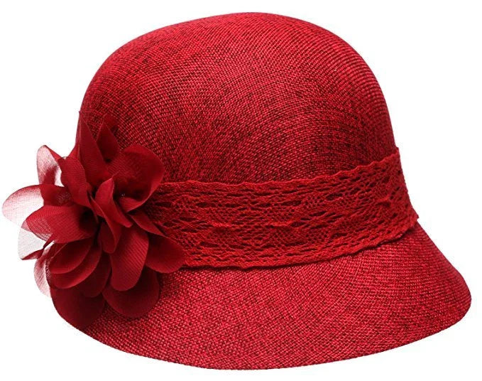 1920's Inspired Women's Gatsby Linen Cloche Hat With Lace Band and Flower