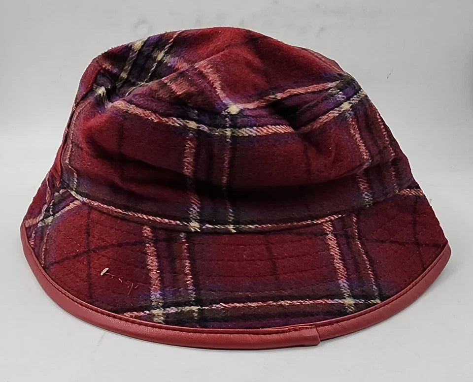 Steve Madden Wool Blend Reversible Plaid Bucket Hat Women's One Size Red~