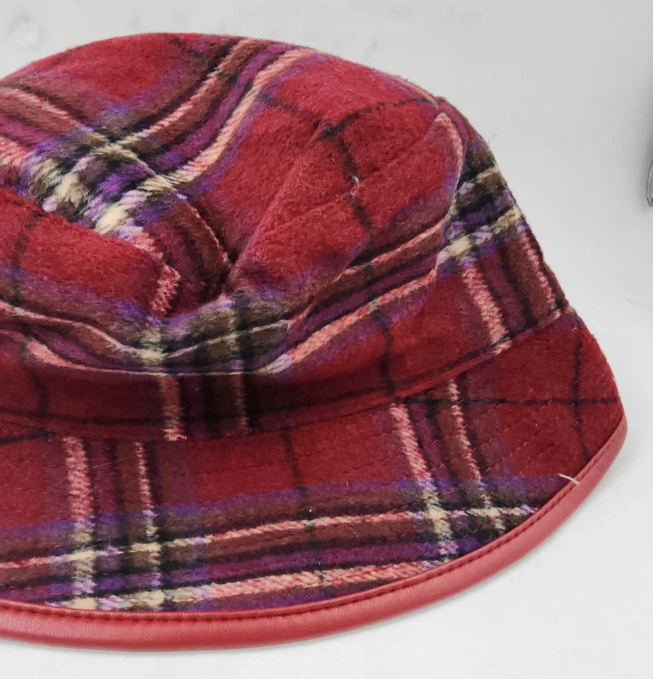 Steve Madden Wool Blend Reversible Plaid Bucket Hat Women's One Size Red~